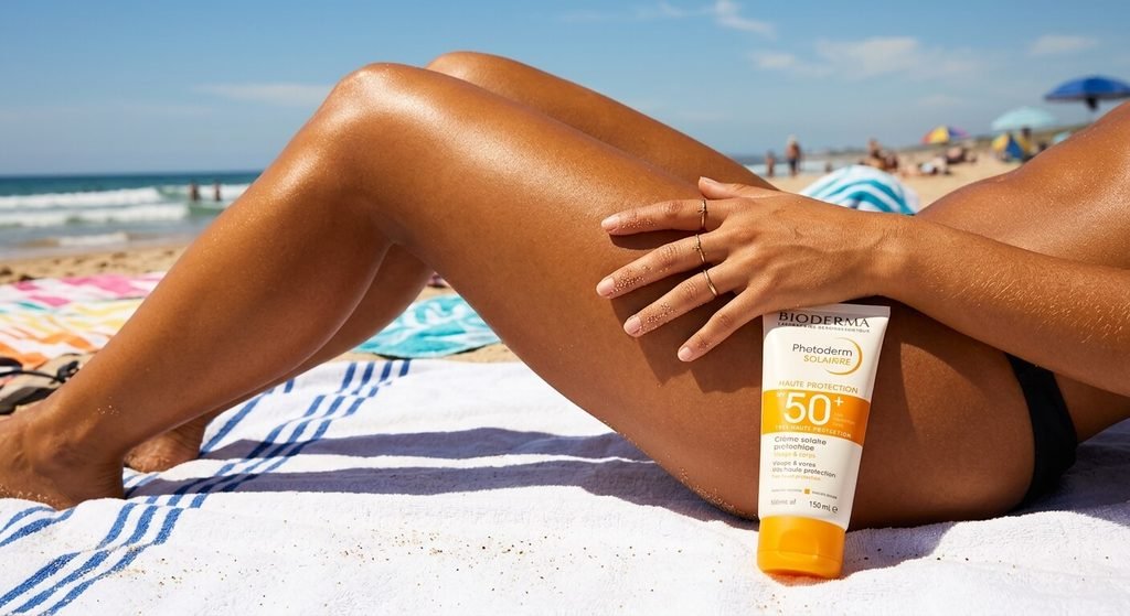 Peau bronzée dorée et tube de crème solaire protectrice sur une serviette de plage.