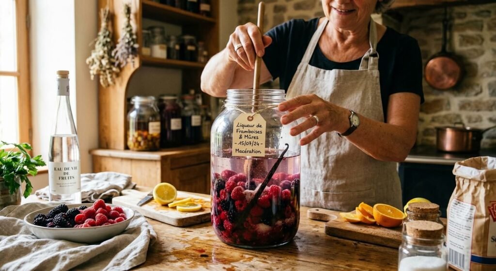 Eau-de-vie à 90 degrés : réglementation, risques et utilisations 4 Préparation d'une liqueur de fruits maison par macération dans un bocal en verre.