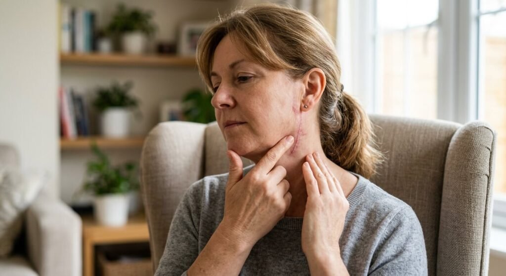 Patient effectuant des massages doux sur sa cicatrice après une chirurgie de la parotide.