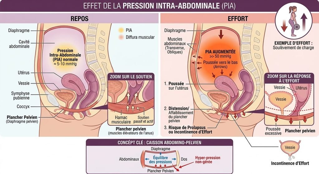 Schéma médical montrant la pression intra-abdominale sur l'utérus et le plancher pelvien lors d'un effort.