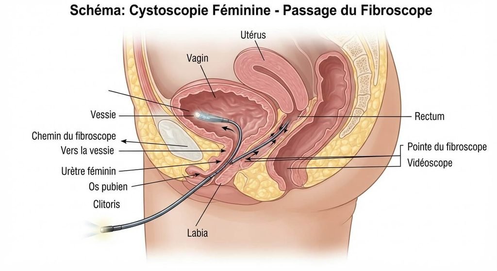 Schéma médical montrant le passage du fibroscope à travers l'urètre court de la femme vers la vessie.