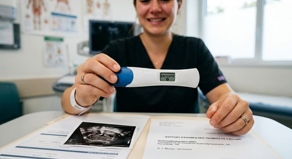 Test de grossesse positif suite à un examen des trompes de Fallope.