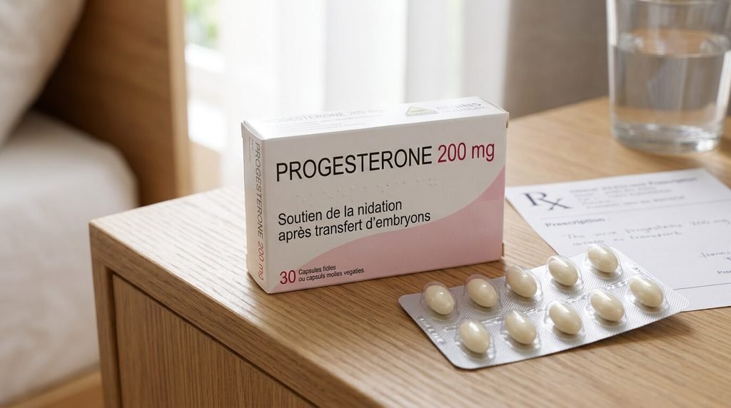 Douleurs de règles 3 jours après un transfert : causes et signification 4 Boîte de capsules de progestérone prescrites pour le soutien de la nidation après transfert.
