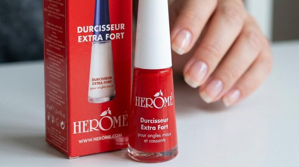 Flacon rouge de soin durcisseur extra fort Herôme pour ongles mous et cassants.