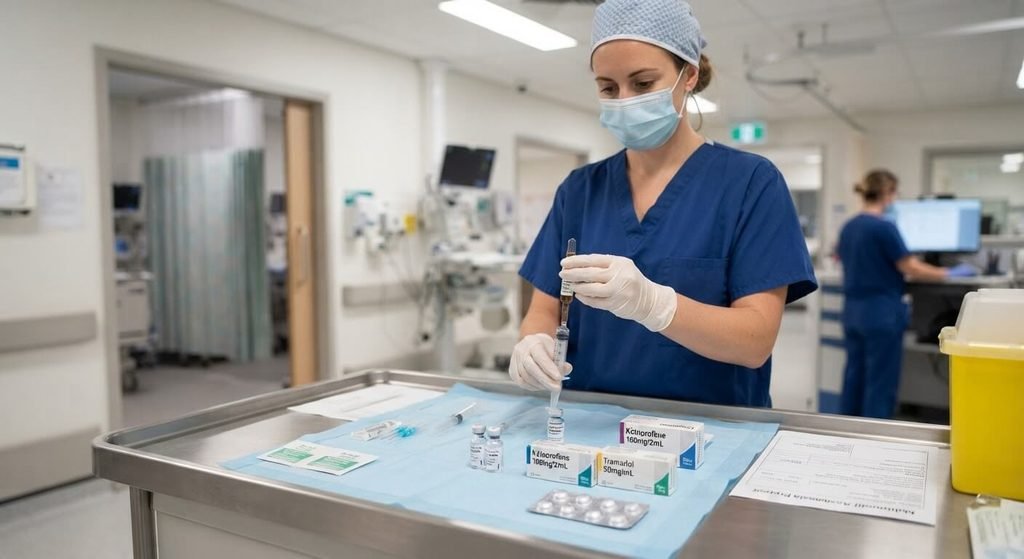 Peut-on mélanger Acupan et kétoprofène : ce qu'il faut savoir 4 Infirmière préparant une analgésie multimodale associant anti-inflammatoire et antalgique central.