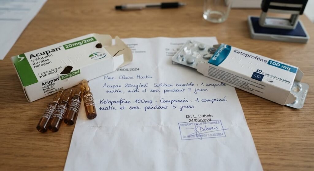Peut-on mélanger Acupan et kétoprofène : ce qu'il faut savoir 2 Ampoule buvable d'Acupan (néfopam) et boîte de comprimés de kétoprofène sur une ordonnance médicale.