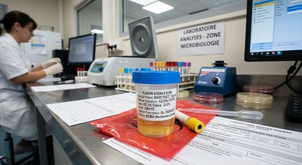 Infection urinaire et ovulation : y a-t-il un lien ? 4 Flacon stérile pour analyse d'urine ECBU destiné au dépistage d'une cystite en laboratoire.