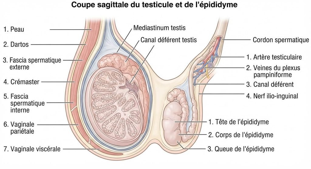 Schéma anatomique des bourses masculines montrant l'épididyme et les canaux déférents.