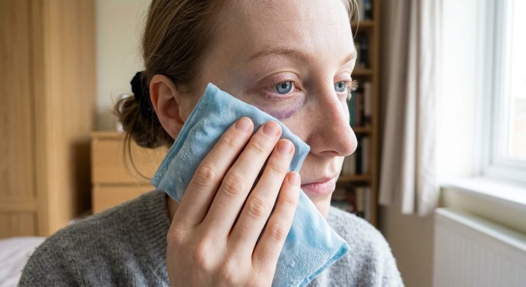 Tache violette sous l'œil : causes et quand consulter 4 Personne appliquant une compresse froide sous l'œil pour décongestionner les micro-vaisseaux sanguins.