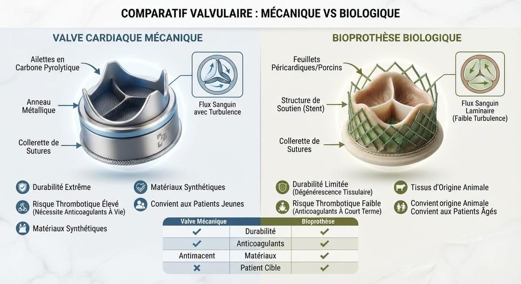 Comparatif entre une valve cardiaque mécanique à ailettes et une bioprothèse biologique.