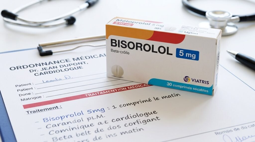 Boîte de comprimés bêta-bloquants posée sur une ordonnance médicale de cardiologie.