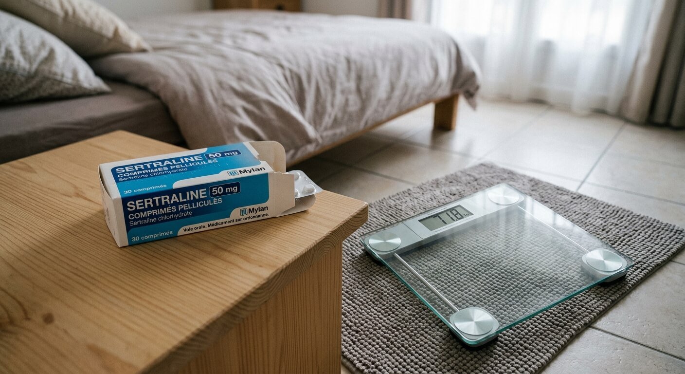 Boîte de sertraline 50 mg posée à côté d'un pèse-personne lors d'un traitement antidépresseur.