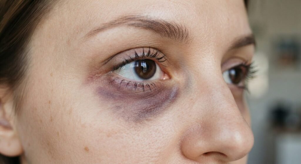 Tache violette sous l'œil : causes et quand consulter 2 Gros plan sur une coloration violette et bleutée sous la paupière inférieure d'une peau claire.