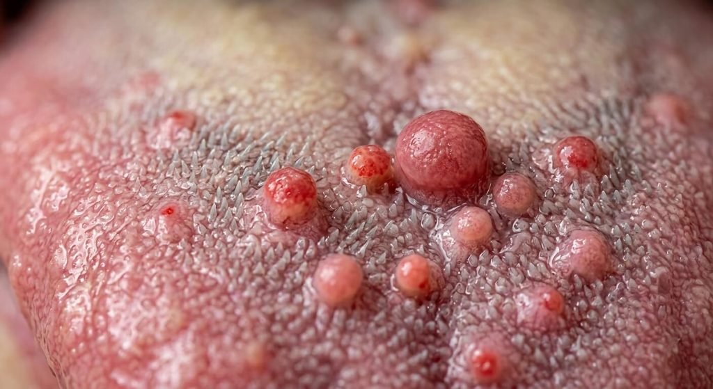 Est-ce que la langue repousse après une blessure ? 3 Vue macroscopique de la surface d'une langue montrant les papilles gustatives en phase de renouvellement.