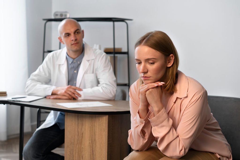 Sertraline et prise de poids : ce que montrent les études 3 Médecin psychiatre discutant avec un patient de la tolérance métabolique de son traitement.