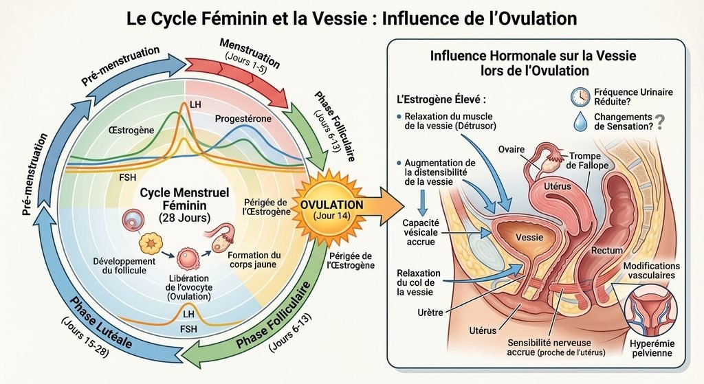 Infection urinaire et ovulation : y a-t-il un lien ? 3 Représentation du cycle féminin et de l'influence des hormones sur la vessie lors de l'ovulation.