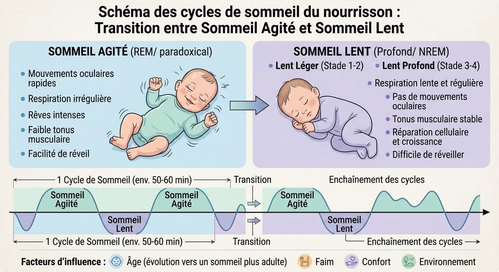 Régression du sommeil des 4 mois chez le bébé allaité : causes et solutions 3 Schéma des cycles de sommeil du nourrisson montrant la transition entre sommeil agité et sommeil lent.