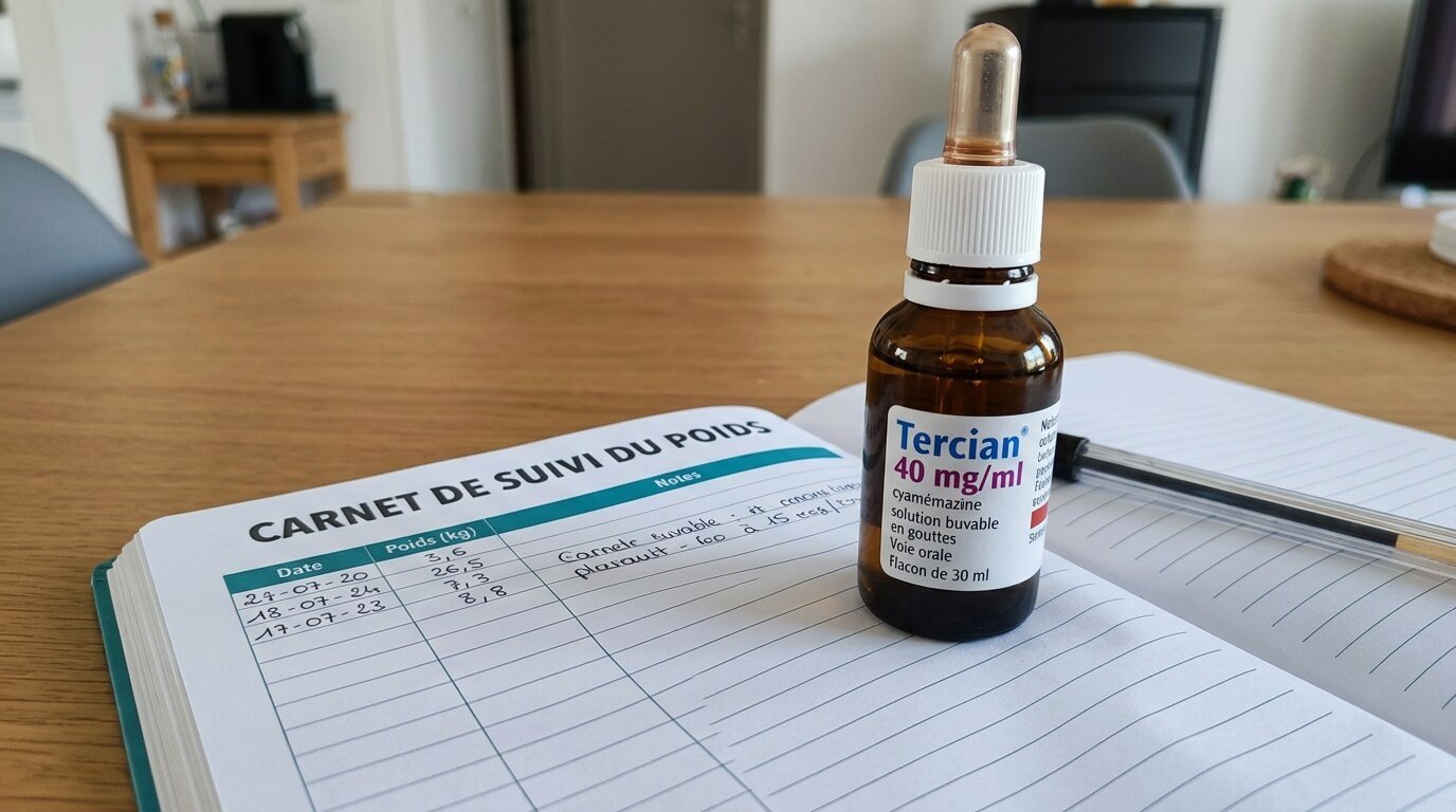 Flacon de Tercian buvable en gouttes posé près d'un carnet de suivi du poids.