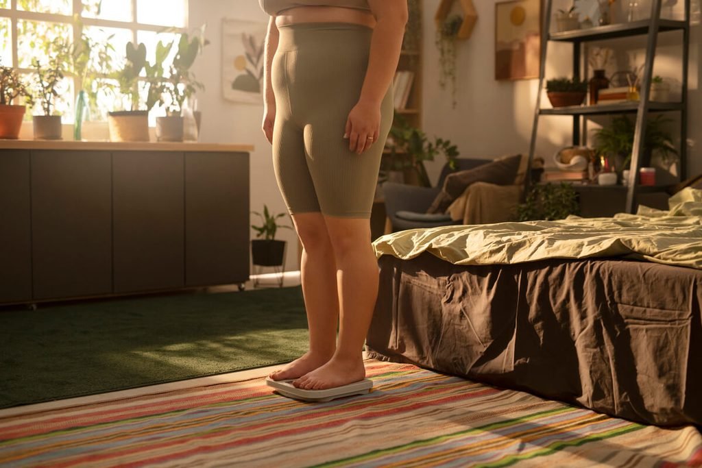 Je ne mange que le soir et je maigris : faut-il s'inquiéter 3 Personne constatant une perte de poids sur une balance après avoir adopté le jeûne intermittent du soir.
