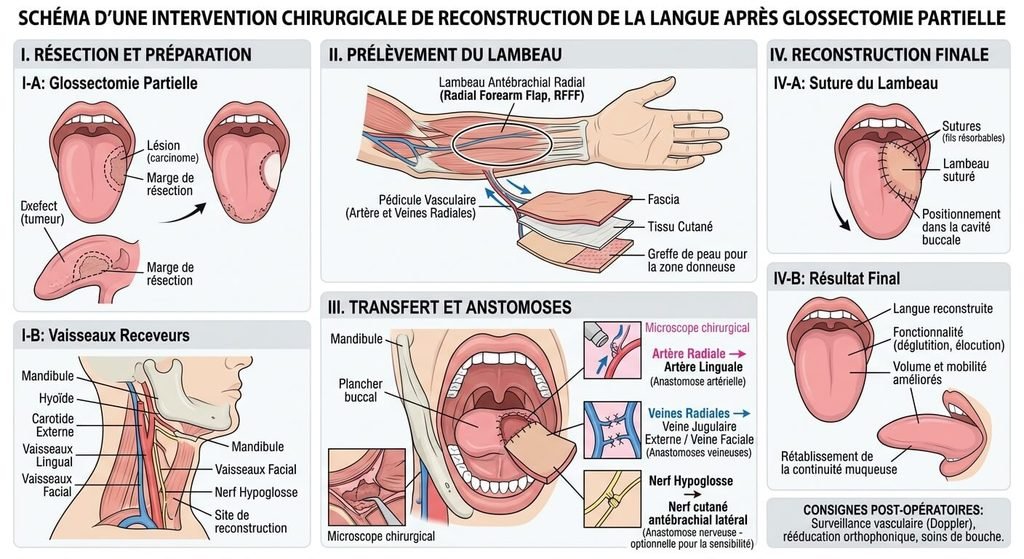 Est-ce que la langue repousse après une blessure ? 4 Schéma d'une intervention chirurgicale de reconstruction de la langue après glossectomie partielle.