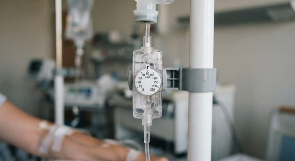 Dial-A-Flow : régulateur de débit pour perfusion, utilisation et limites 2 Dispositif médical Dialaflow avec cadran de réglage gradué en ml/h monté sur une tubulure de perfusion.