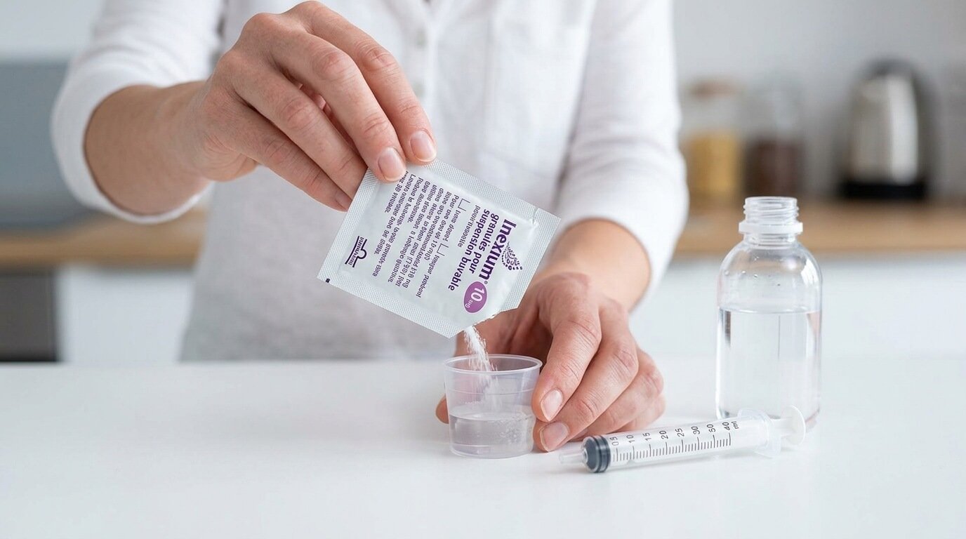 Préparation d'un sachet d'Inexium pédiatrique avec de l'eau et une seringue pour bébé.