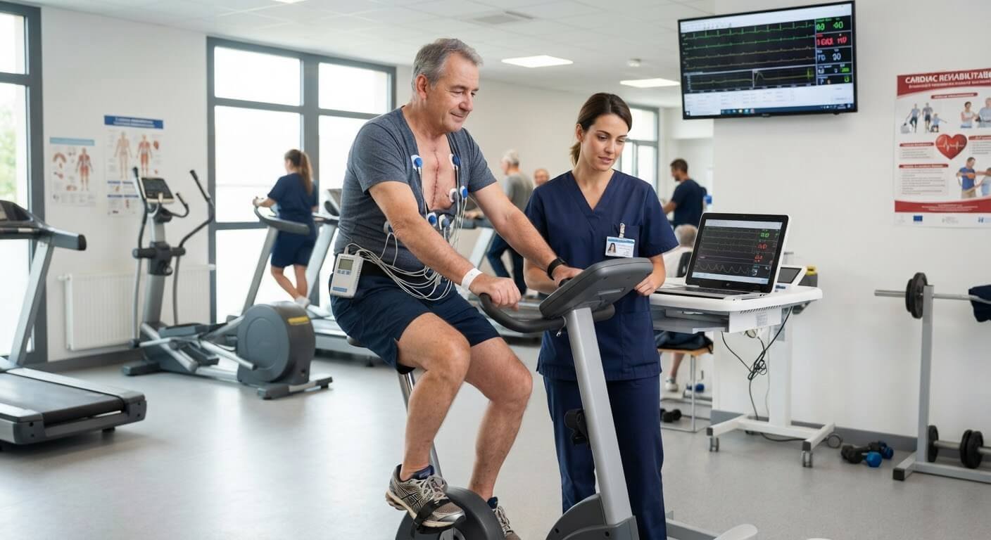 Patient en centre de réadaptation cardiaque pédalant sous contrôle électrocardiographique après chirurgie aortique.