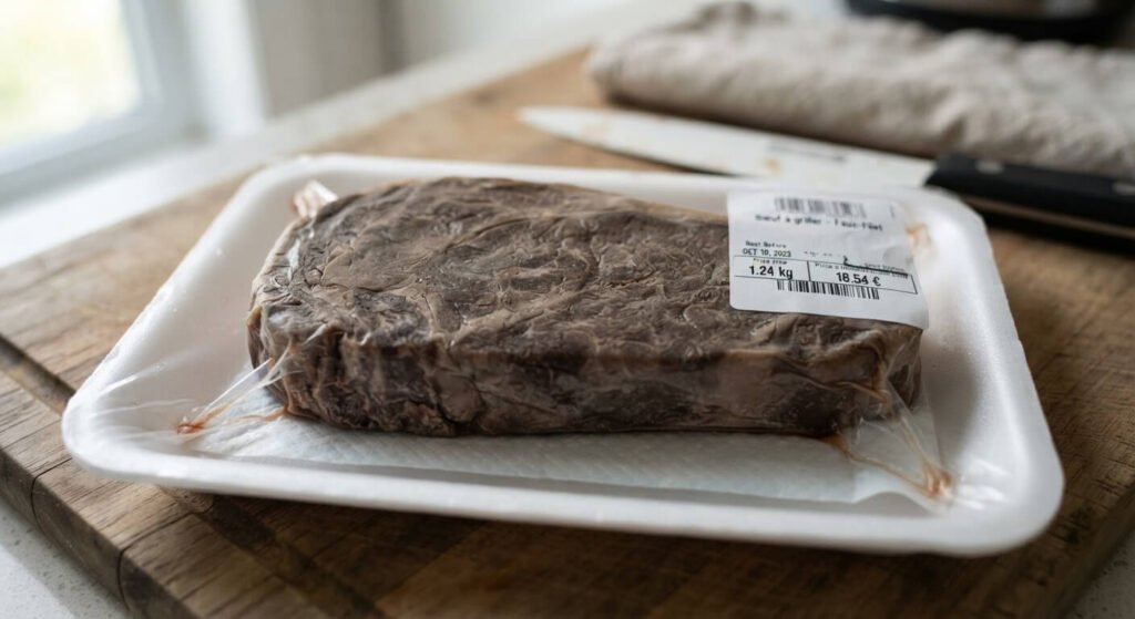 Viande qui noircit : est-elle encore bonne à consommer ? 2 Morceau de bœuf présentant une coloration brune et grisâtre due au manque d'oxygène.