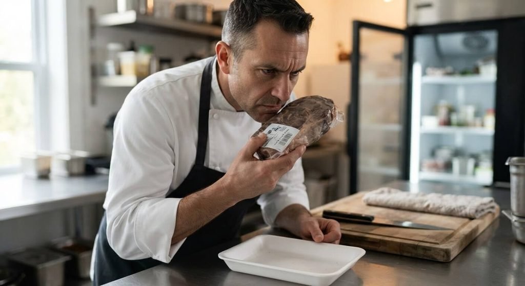 Viande qui noircit : est-elle encore bonne à consommer ? 4 Cuisinier vérifiant la fraîcheur et l'odeur d'une pièce de viande crue sortie du réfrigérateur.