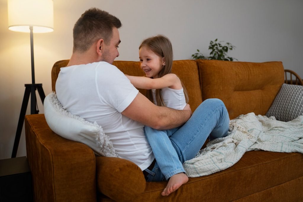 Jeune enfant s'agrippant fermement aux jambes de son père au moment de la séparation.