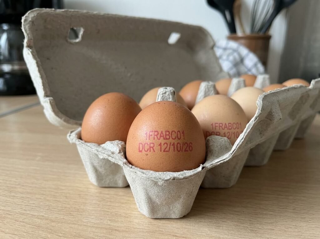 Boîte d'œufs ouverte montrant la date de consommation recommandée dépassée sur la coquille.