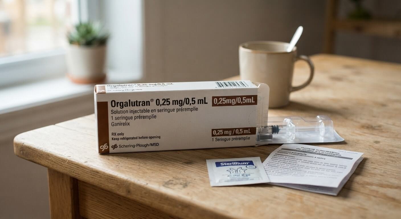 Boîte de seringues préremplies d'Orgalutran posée sur une table à température ambiante.