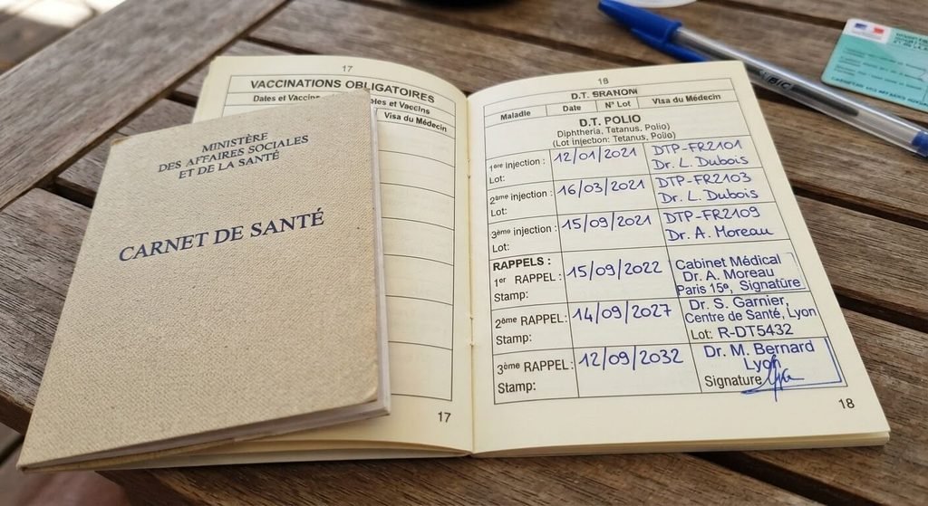 Carnet de santé ouvert sur la page des vaccinations avec les dates de rappel du DTP.