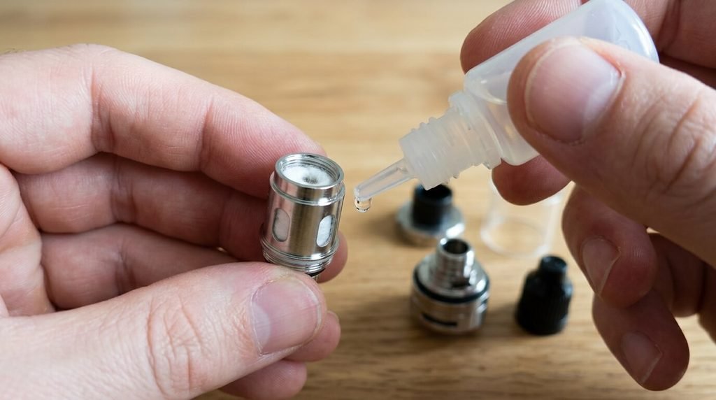 Remplir, nettoyer, changer la résistance : la vie d'un clearomiseur 3 Vapoteur déposant quelques gouttes de liquide sur le coton d'une résistance neuve avant de la visser dans la base.