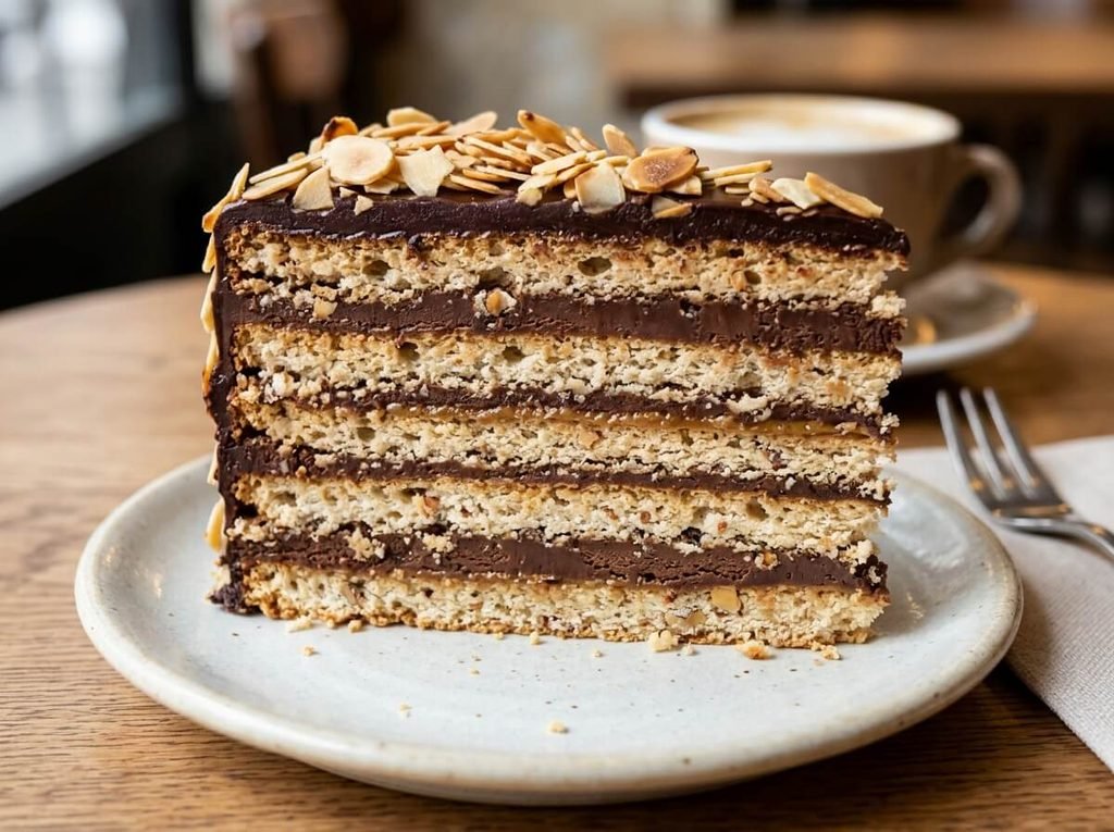 Coupe transversale d'un gâteau Ménélik montrant les couches successives de biscuit succès et de crème chocolat.