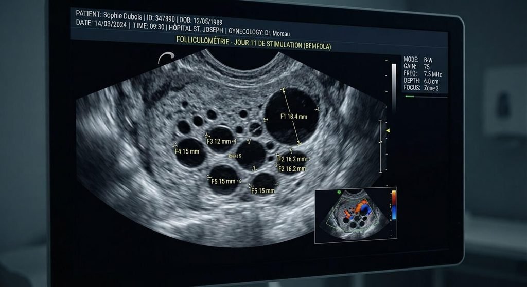 Tomber enceinte avec Bemfola : rôle du traitement et chances de réussite 3 Écran de suivi échographique montrant plusieurs follicules ovariens après stimulation au Bemfola.