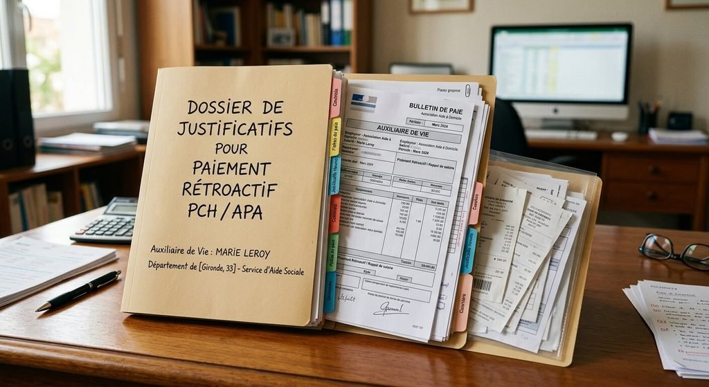 PCH et versement rétroactif : règles de rétroactivité, délais et recours 4 Dossier de justificatifs et fiches de paie d'auxiliaire de vie pour paiement rétroactif au Département.