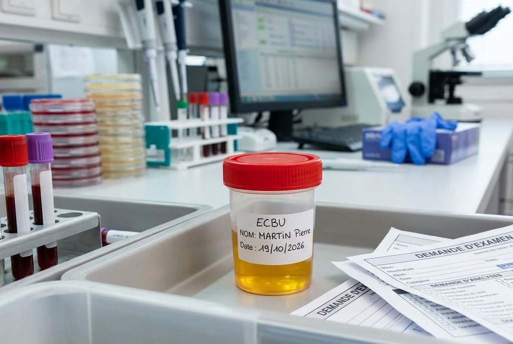 Klebsiella pneumoniae dans l’urine : est ce grave ? 4 Flacon stérile de recueil d'urines déposé au laboratoire pour culture microbiologique.