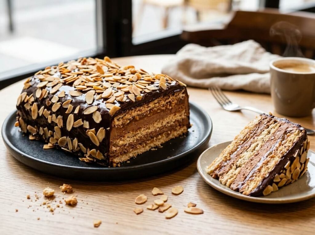 Entremets Ménélik nappé de ganache au chocolat noir et recouvert d'amandes effilées grillées.