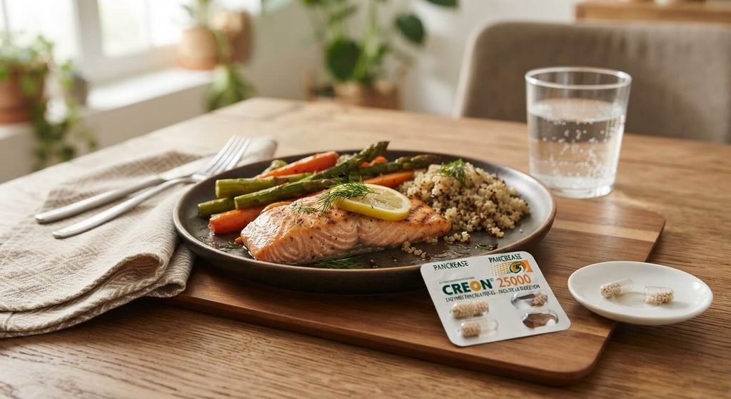 Reprendre du poids après une DPC : solutions nutritionnelles et prise en charge 3 Gélules d'enzymes pancréatiques posées à côté d'un plat pour faciliter la digestion.
