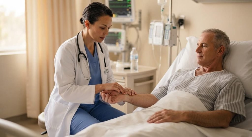 Hémodynamiquement stable : définition médicale, constantes et critères 3 Praticien hospitalier prenant le pouls radial au poignet d'un patient alité.