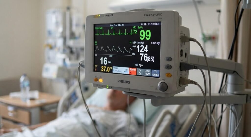 Hémodynamiquement stable : définition médicale, constantes et critères 2 Moniteur de surveillance médicale affichant une tension artérielle et une saturation en oxygène normales.