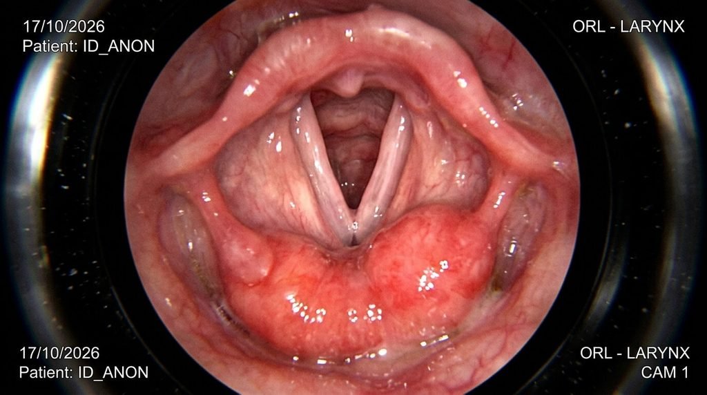Reflux laryngo-pharyngé : témoignages, symptômes atypiques et guérison du RLP 3 Examen ORL par nasofibroscopie montrant un œdème rouge à l'arrière du larynx.