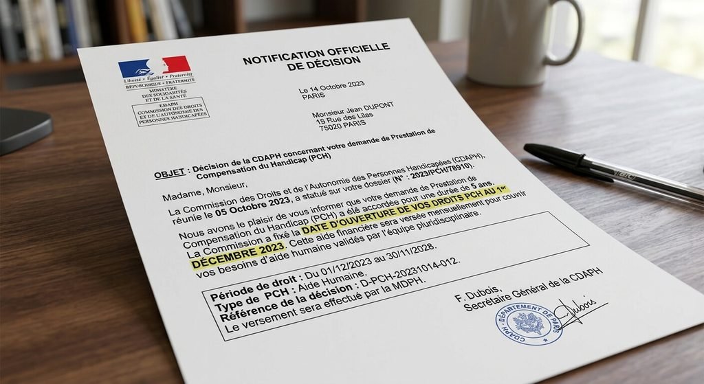 PCH et versement rétroactif : règles de rétroactivité, délais et recours 3 Notification officielle de la commission CDAPH mentionnant la date d'ouverture des droits PCH.