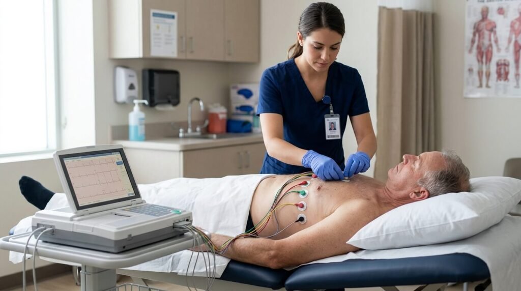 Palpitations, essoufflement, douleur thoracique : quand passer un électrocardiogramme ? 2 Professionnel de santé disposant des électrodes sur le thorax d'un patient pour enregistrer un électrocardiogramme de repos.