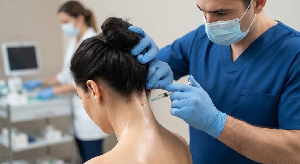 Infiltration du nerf d'Arnold : avis, efficacité réelle et durée de soulagement 2 Infiltration sous guidage échographique du grand nerf occipital à la base du crâne.