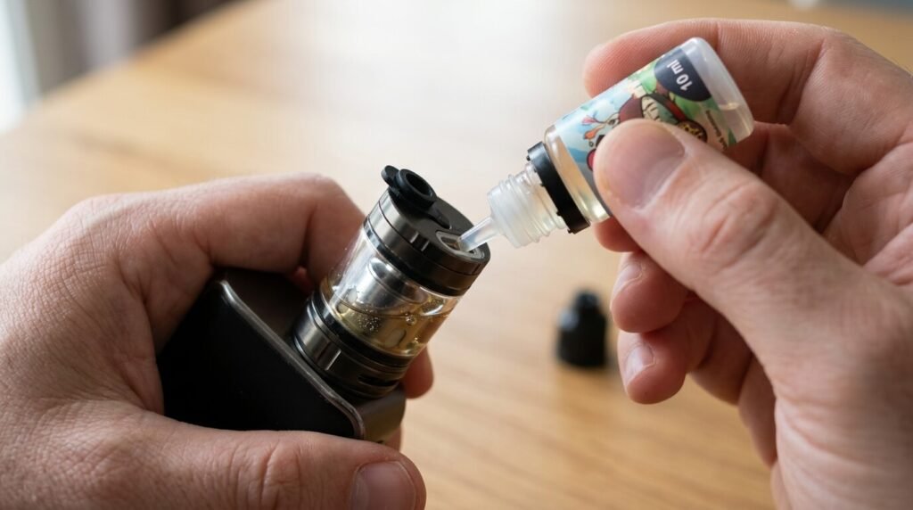 Remplir, nettoyer, changer la résistance : la vie d'un clearomiseur 2 Flacon d'e-liquide versant du liquide dans l'ouverture latérale du réservoir d'un clearomiseur de cigarette électronique.