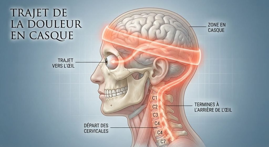Infiltration du nerf d'Arnold : avis, efficacité réelle et durée de soulagement 3 Trajet de la douleur en casque partant des cervicales jusqu'à l'arrière de l'œil.