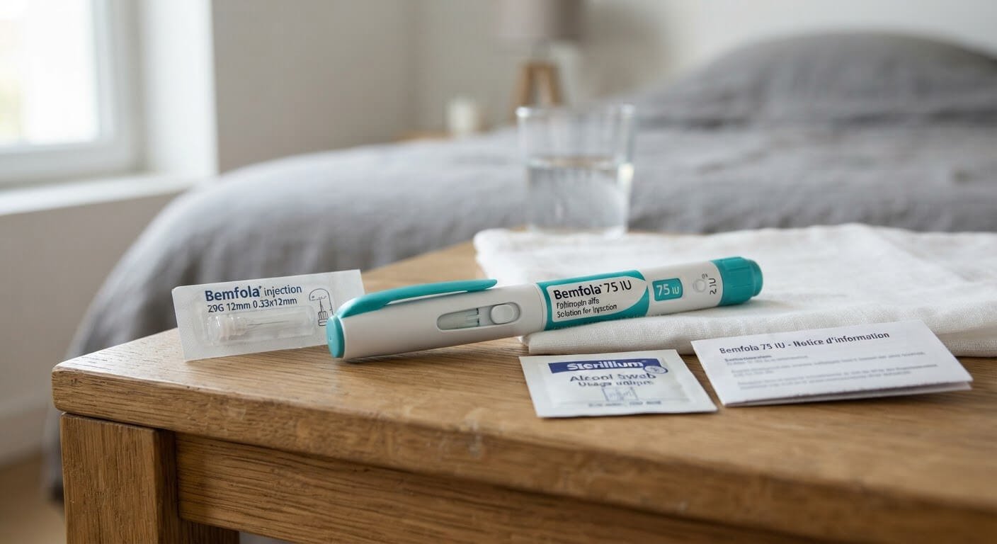 Stylo prérempli de Bemfola posé sur une table pour une injection sous-cutanée de fertilité.