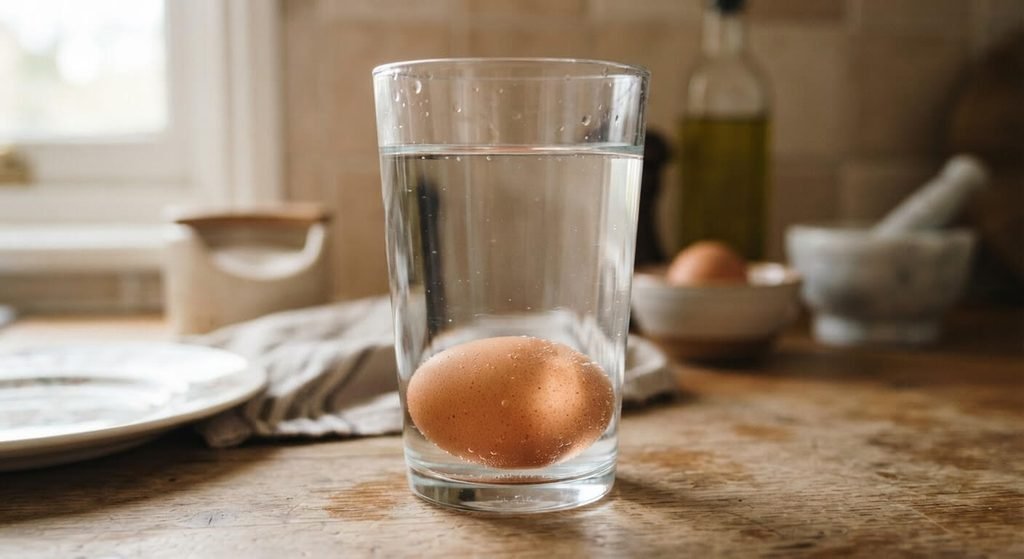 Test de flottaison dans un verre d'eau pour vérifier la fraîcheur d'un œuf cru.
